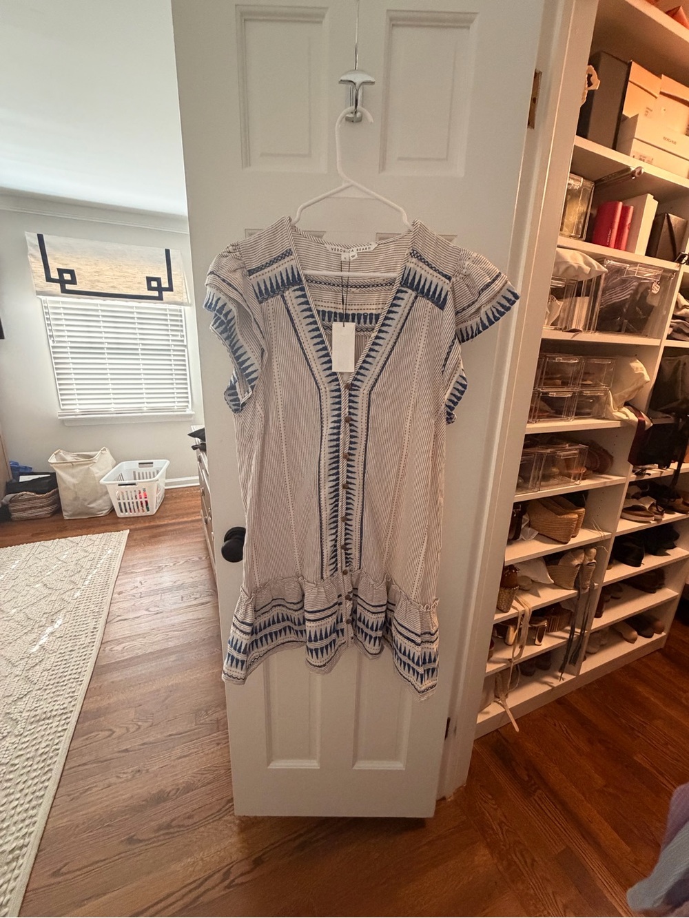 NWT Veronica Beard White Mini Dress with Blue Embroidery
